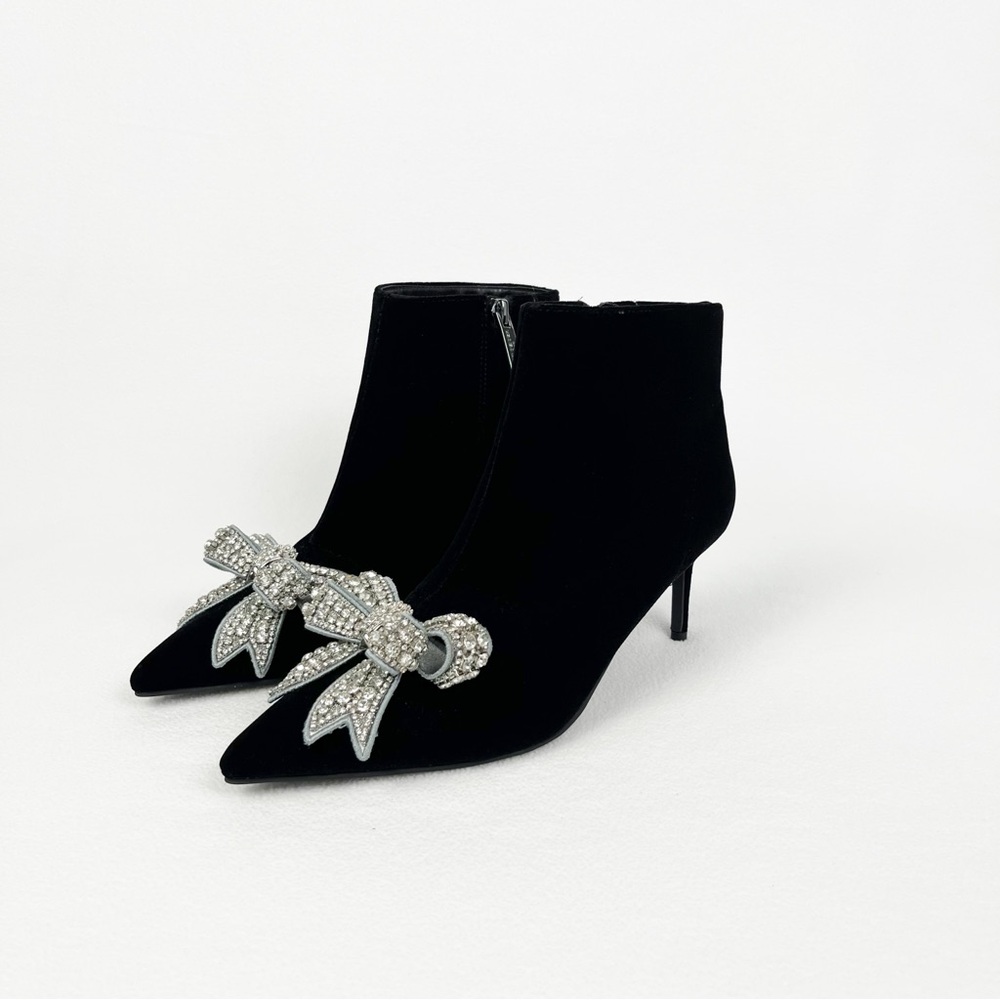 Rare Kurt Keiger Elegant Black Ankle Boots with Rhinestone Bow Size 7
